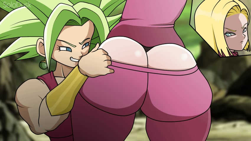 2d 2girls android_18 animated animated assisted_exposure big_ass bubble_butt dragon_ball dragon_ball_super dragon_ball_z huge_ass kefla pulling_down_pants solodusk57 yuri