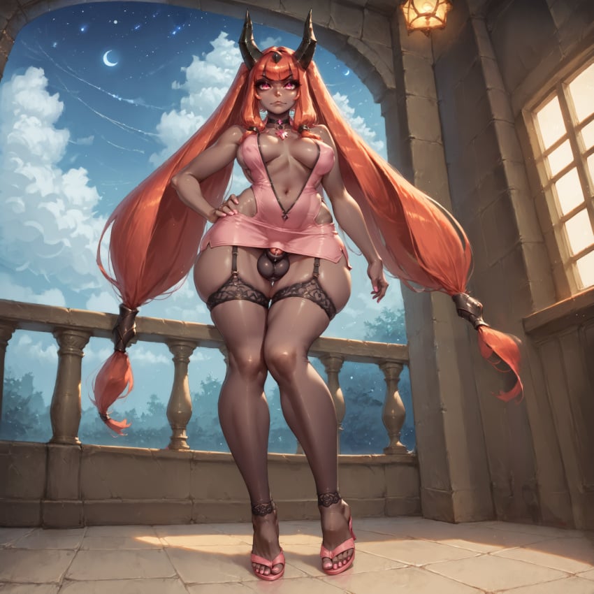 1futa ai_generated big_ass black_horn black_skin black_thighhighs breasts contrapposto covered_nipples curvy dress feet flaccid from_below frown full_body futa_only futanari garter_straps hand_on_hip high_heel_sandals high_heels horn horns horsecock humanized jama42 long_hair looking_at_viewer low-tied_long_hair low-tied_sidelocks medium_breasts microdress night one_hand_on_hip palworld penis_bulge perky_breasts pink_dress pink_eyes pink_nails plunging_neckline poking_out precum precum_drip red_hair red_penis sagging_breasts sheath short_dress skindentation smug solo splatterina thicc thick thick_ass thick_thighs thigh_gap thighhighs twintails upskirt wide_hips