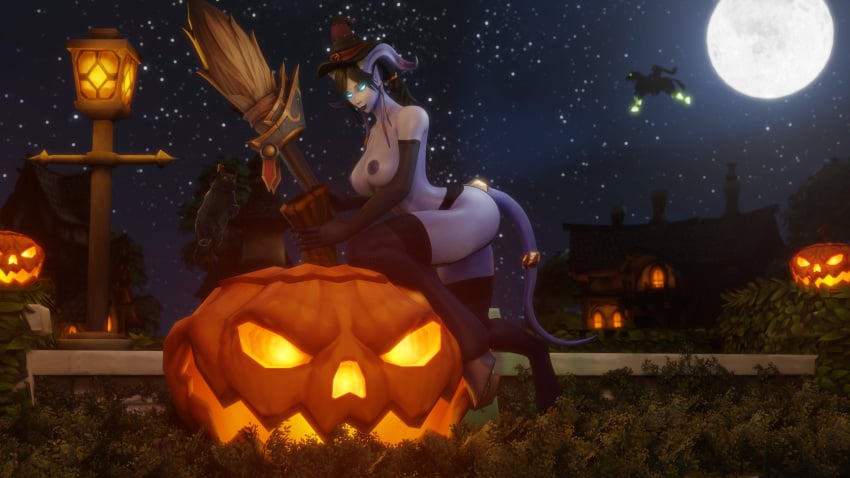 1girls 3d big_breasts black_hair blizzard_entertainment blue_skin draenei female female_only halloween horns jack-o&#039;-lantern morilymory nude original_character pinup sironis solo stockings tail thick_thighs voluptuous voluptuous_female warcraft wide_hips witch_hat world_of_warcraft