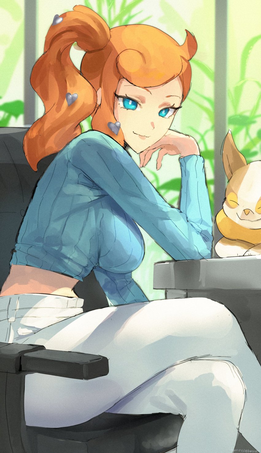 aqua_eyes armchair blue_sweater breasts chair closed_mouth crop_top crossed_legs denim female hair_ornament heart heart_hair_ornament indoors jeans large_breasts long_hair long_sleeves looking_at_viewer midriff no_eyewear on_chair orange_hair pants pokemon pokemon_(creature) pokemon_swsh ribbed_sweater side_ponytail sitting smile sonia_(pokemon) sweater table tommietomm tommy_(kingdukeee) white_pants yamper