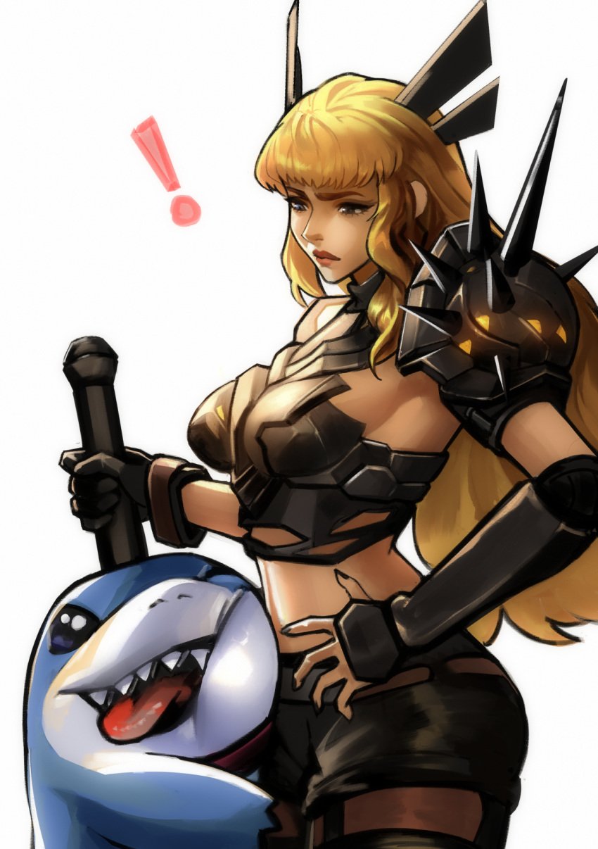 black_gloves blonde_hair blue_eyes breasts cleavage cleavage_cutout clothing_cutout crop_top female gloves hi_res holding holding_sword holding_weapon hug jeff_the_land_shark long_hair magik_(illyana_rasputin) magik_(marvel_rivals) magik_(x-men) marvel marvel_rivals midriff navel one_eye_closed shark sharp_teeth short_shorts shorts sword teeth tommy_(kingdukeee) weapon white_background x-men