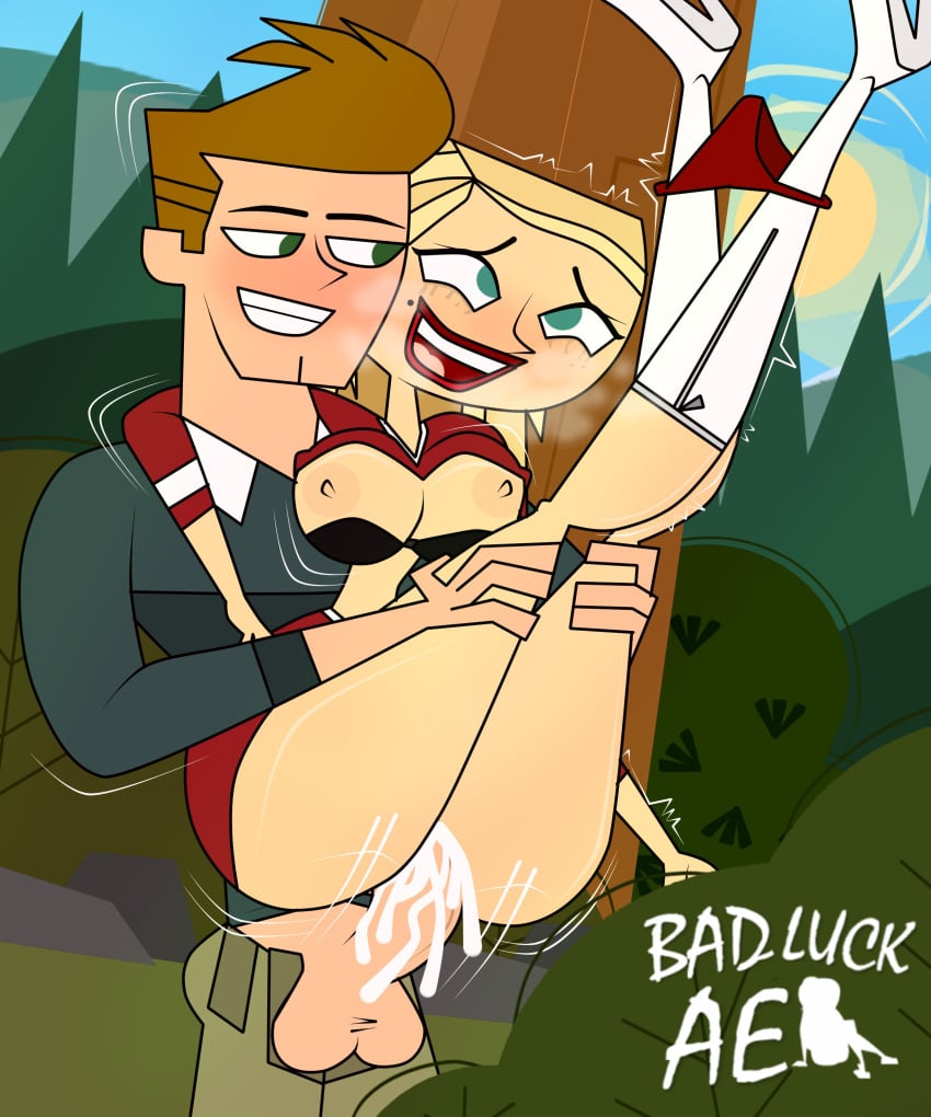 1boy 1girls 2d amy_(tdi) badluckae big_breasts black_bra blonde_hair bra bra_pull clothes clothes_lift clothes_pull female male panties panty_pull red_panties sex tagme topher_(tdi) total_drama:_pahkitew_island total_drama_island underwear