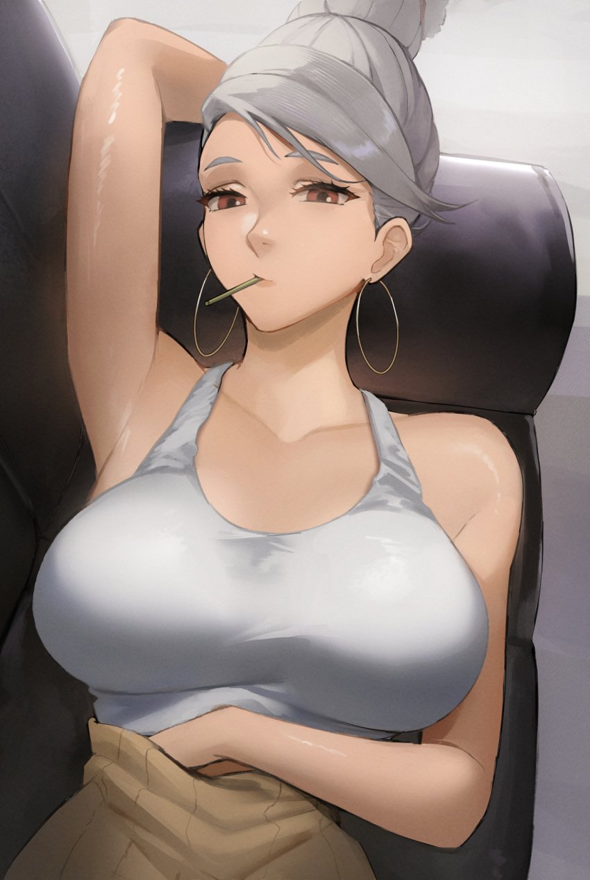 ayase_seiko dandadan female hoop_earrings large_breasts lying_on_back mature_female older_female tagme tommietomm tommy_(kingdukeee) white_hair