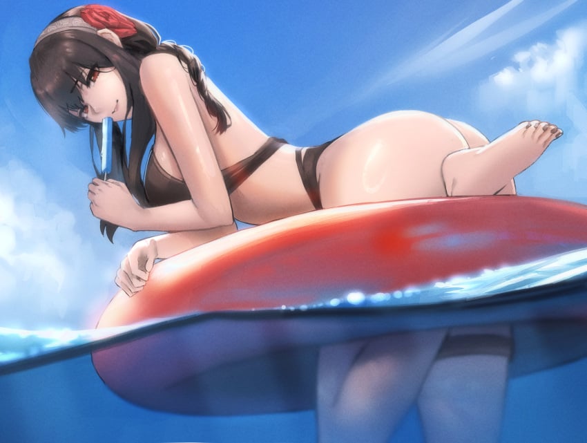 ass bikini black_bikini black_hair black_nails blue_sky breasts female flower food hair_flower hair_ornament hi_res hibiscus holding holding_food holding_ice_cream ice_cream large_breasts long_hair looking_at_viewer nail_polish ocean on_innertube outdoors partially_underwater_shot popsicle red_eyes red_flower sky smile spy_x_family sunlight swimsuit toenail_polish toenails tommietomm tommy_(kingdukeee) yor_briar