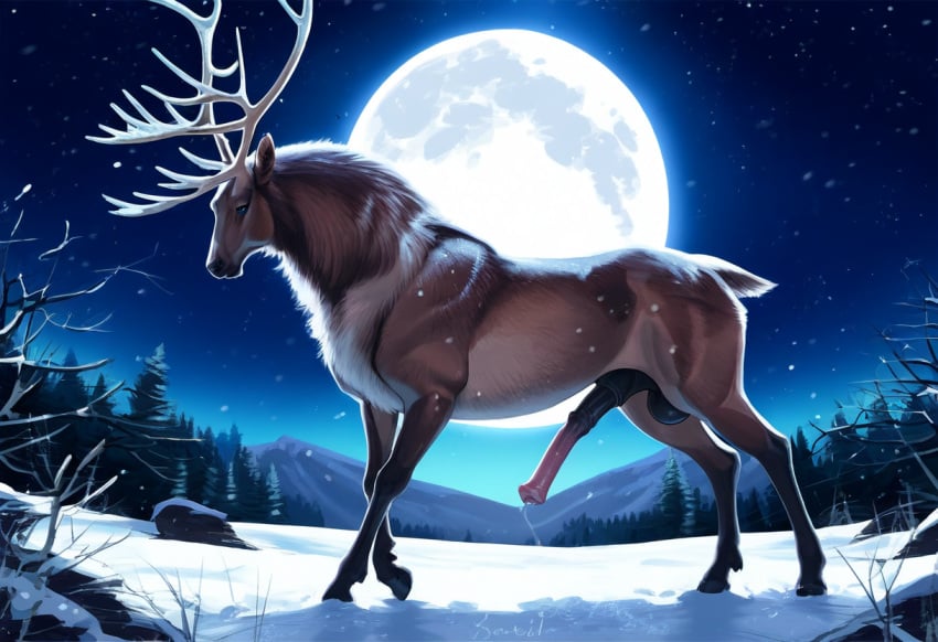 ai_generated anatomically_correct_genitalia antlers cookie-girl elk equine_penis feral feral_only forest_background hooves moon night_sky