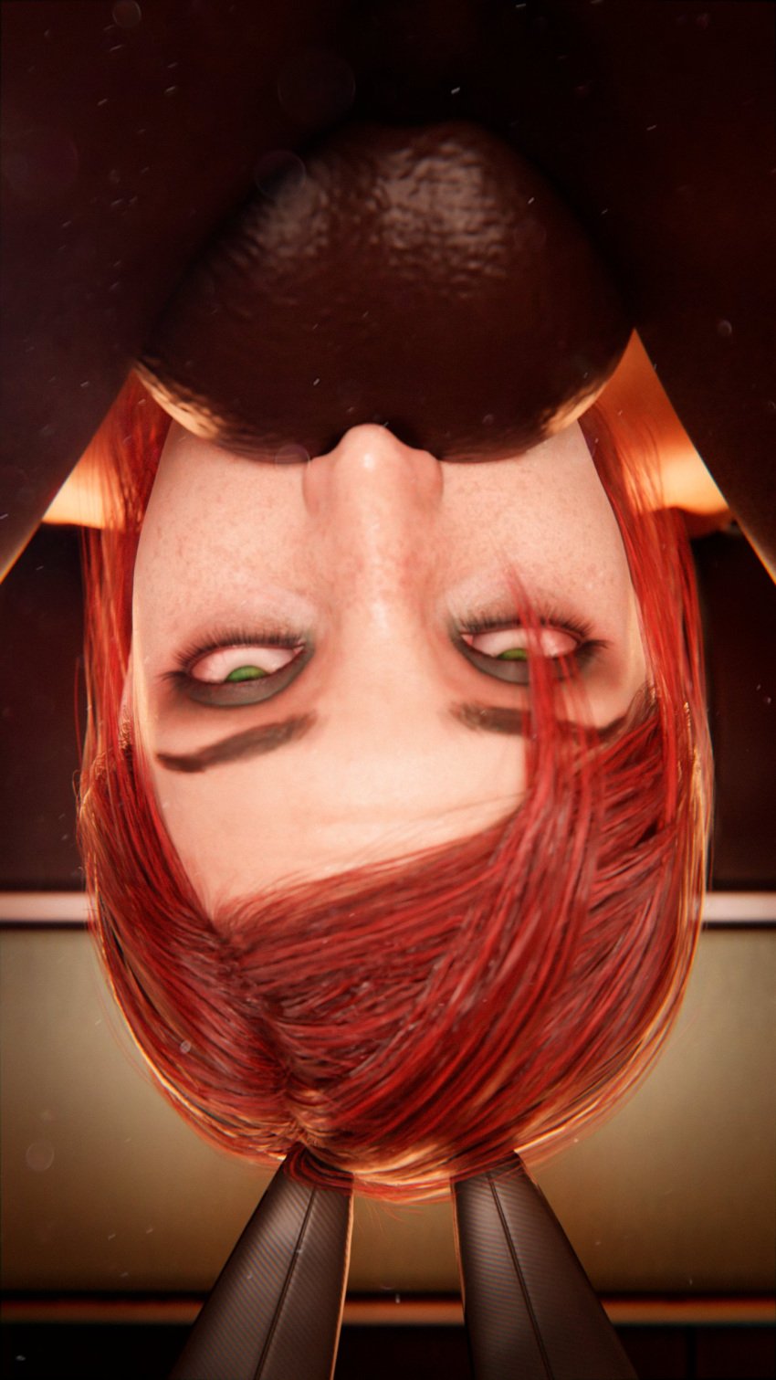 1boy 1girls 3d all_the_way_to_the_base balls_deep balls_on_face big_balls big_penis bloodshot_eyes blowjob bunny_ears commander_shepard dark-skinned_male deepthroat eyes_rolling_back female green_eyes interracial long_penis mass_effect oral petite piroguh red_hair rolling_eyes sliding sliding_down_throat slim throat_barrier throat_fuck upside-down upside_down_fellatio white_skin