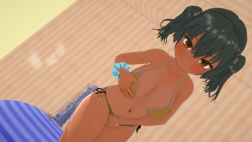 1girls 3d areola_slip areolae ball big_breasts bikini black_hair blush breasts brown_eyes busty cleavage dildo female female_only fingering gaki_kyonyuu hi_res implied_masturbation kanna_sasaki_(kaedeko) large_breasts leaning_forward legs looking_at_viewer medium_hair naughty_face navel original original_character pose posing self_fondle smile sweat tan tanline tanlines thighs twintails voluptuous yellow_bikini