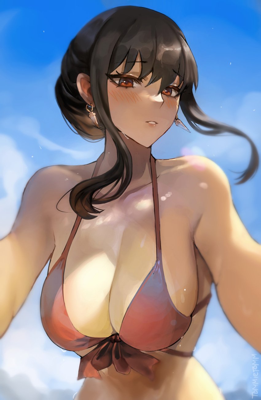 bare_shoulders bikini black_hair blue_sky blush breasts cleavage collarbone day earrings female floating_hair front-tie_bikini_top front-tie_top gold_earrings hairband jewelry large_breasts long_hair looking_at_viewer medium_hair outdoors parted_lips red_bikini red_eyes ribbon sidelocks sky solo spy_x_family swimsuit tommietomm tommy_(kingdukeee) upper_body wet yor_briar