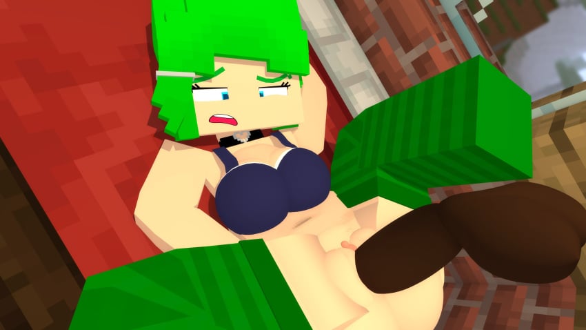 1boy 1girls blue_eyes broken_condom clenched_teeth faceless_male green_hair lou_(pearickmc) minecraft necklace open_mouth partially_clothed pearickmc showing_pussy socks spreading stockings