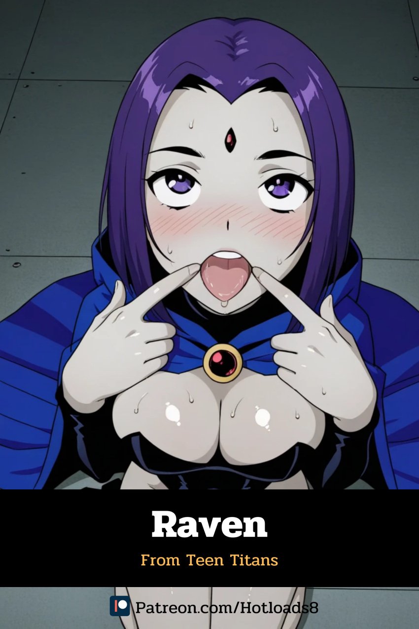 hotload-8 kneeling open_mouth patreon patreon_username purple_eyes purple_hair raven_(dc) short_hair teen_titans