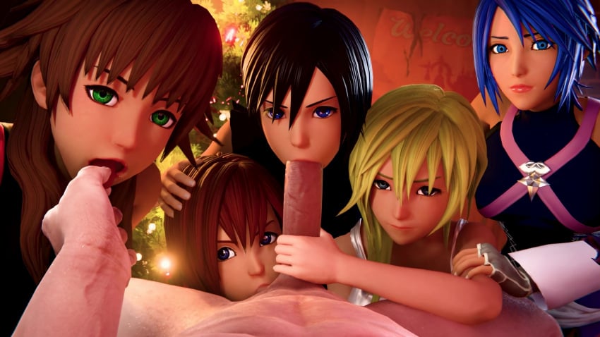 3d aqua_(kingdom_hearts) ball_sucking blowjob fellatio handjob initala initial_a kairi kingdom_hearts namine olette tagme xion