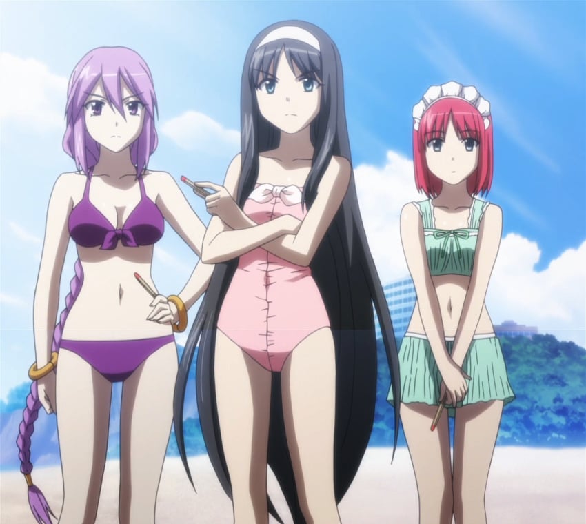 3girls beach big_breasts bikini black_hair braid braided_ponytail breasts busty carnival_phantasm cleavage covered_navel crossed_arms expressionless female female_only front-tie_bikini_top front-tie_top green_eyes grey_eyes hairband hand_on_hip highres hisui_(tsukihime) large_breasts legs long_hair looking_at_viewer medium_breasts melty_blood multiple_girls navel one-piece_swimsuit own_hands_together pose posing purple_bikini purple_eyes purple_hair red_hair screencap serious short_hair sion_eltnam_atlasia small_breasts stitched swimsuit thighs third-party_edit tohno_akiha tsukihime very_long_hair voluptuous