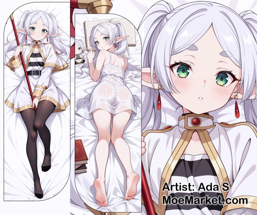 1girls dakimakura earrings elf frieren_beyond_journey's_end green_eyes long_hair looking_at_viewer pantyhose solo sousou_no_frieren