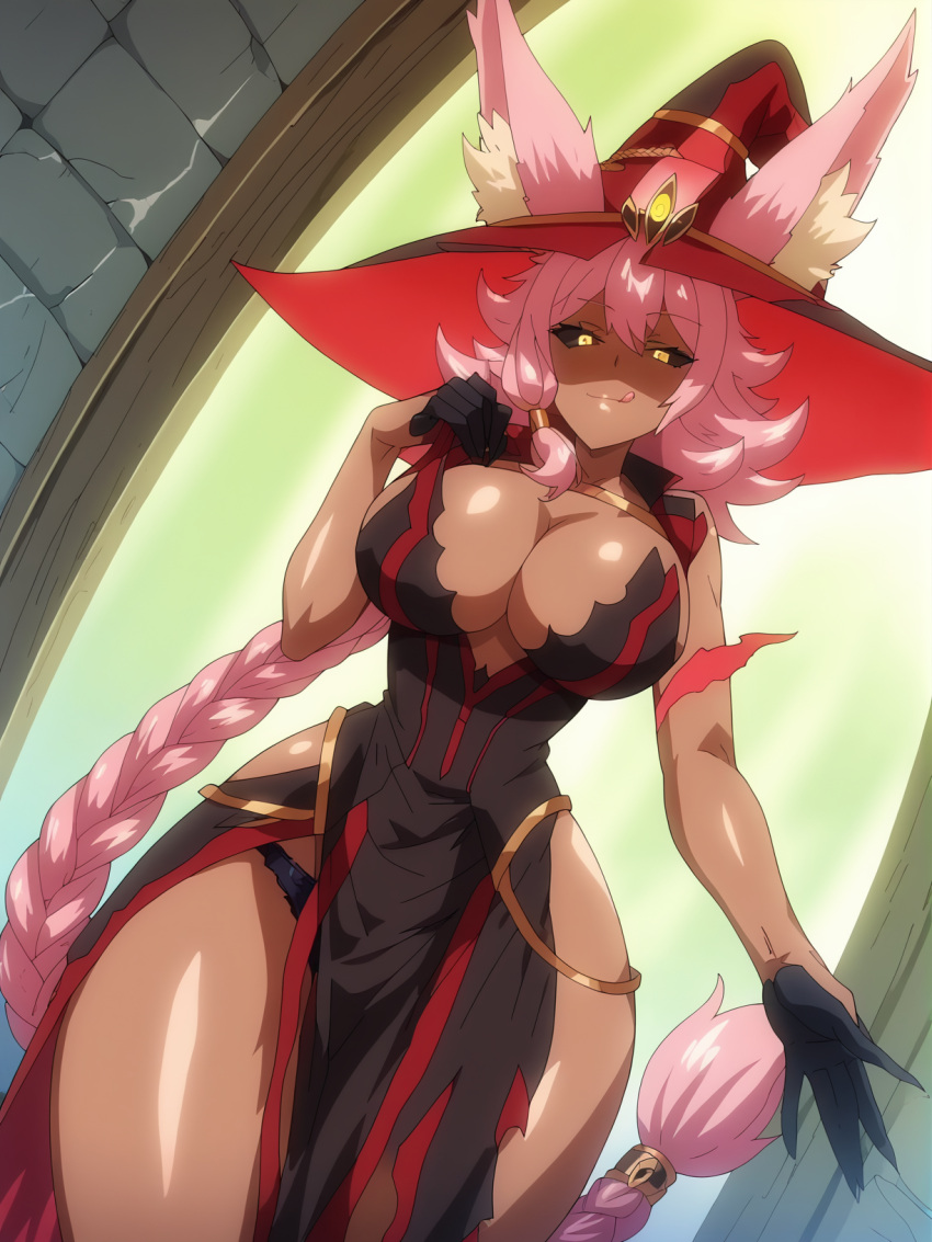 1girls ai_generated animal_ears big_breasts black_sclera bunny_girl cleavage dark-skinned_female female gloves hair_braid licking_lips looking_at_viewer monster_girl_dreams narrow_waist panties panties_visible pink_hair red_dress single_braid stable_diffusion t-rex_(animation_studio) thick_thighs venefica_(monster_girl_dreams) witch witch_hat yellow_eyes