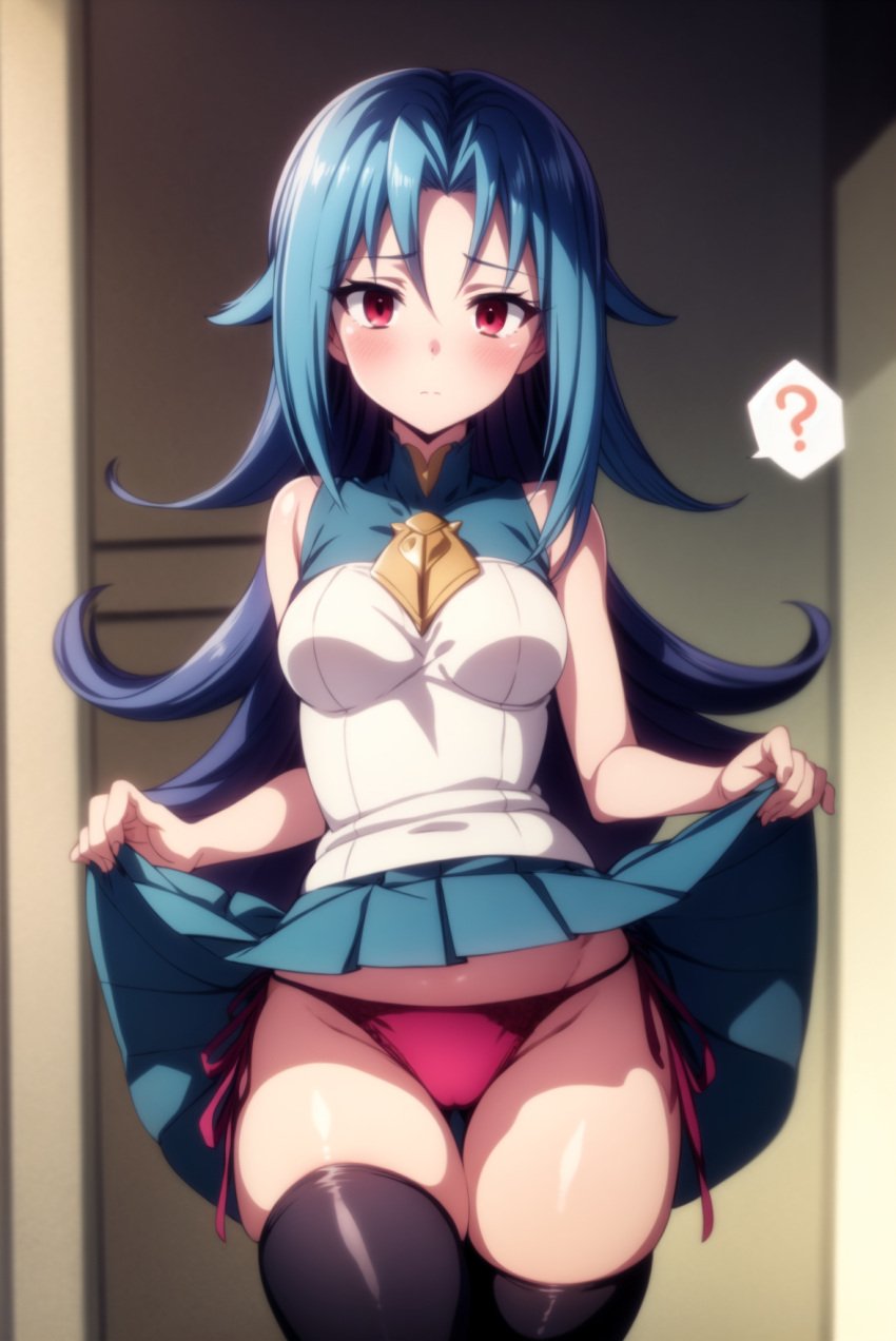 ? ai_generated alternate_version_available blue_hair blush closed_mouth female kamishiro_rio legwear long_hair looking_at_viewer maru^^ red_eyes rio_kamishiro school_uniform skirt_up solo teenager thighhighs thighs underwear yu-gi-oh! yu-gi-oh!_zexal