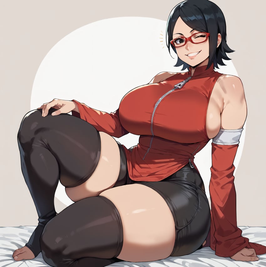 1girl 1girls 2024 2024s ai_generated bare_shoulders bed bed_sheet black_eyes black_hair black_hair_female black_socks boruto:_naruto_next_generations breasts clothed clothed_female clothing eyelashes eyewear female female_focus female_only glasses hair huge_breasts huge_thighs human human_female legwear light-skinned_female light_skin naruto naruto_(series) ninja on_bed one_eye_closed red_eyewear red_glasses sarada_uchiha seductive seductive_look seductive_pose seductive_smile short_hair short_hair_female simple_background sitting smile smiling smiling_at_viewer smogai socks solo solo_female solo_focus stable_diffusion teeth thick_thighs thigh_highs thigh_socks thighhighs thighs uchiha_sarada white_background zipper