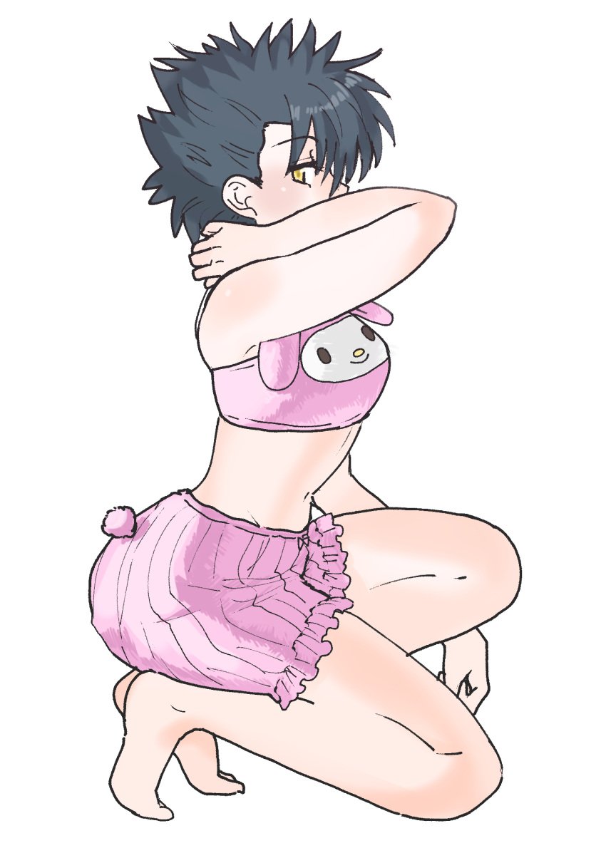 alternate_costume barefoot black_hair bra female female_only full_body fully_clothed genderswap_(mtf) gintama kawakami_bansai lingerie looking_at_viewer looking_back my_melody pajamas pale-skinned_female pale_skin pinup punk punk_girl punk_hair rule_63 sahara_(pixiv) sanrio short_hair shorts solo very_short_hair yellow_eyes