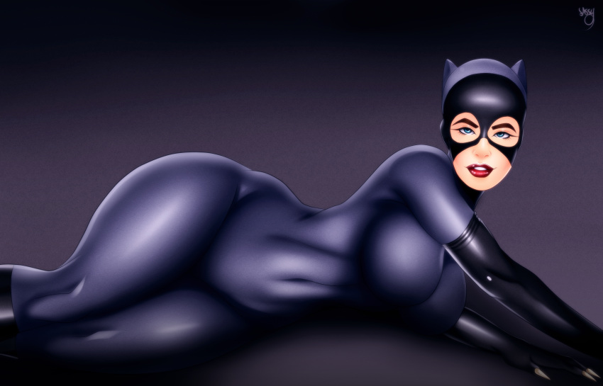 1girls batman:_the_animated_series batman_(series) blue_eyes bodysuit breasts catwoman catwoman_(dcau) claws curvy dc dc_comics dcau elbow_gloves female female_only gloves highres huge_breasts jassycoco latex latex_bodysuit latex_clothing latex_suit lipstick looking_at_viewer lying mask navel png pose purple_bodysuit purple_clothing purple_latex shiny_clothes skin_tight smile solo straight_hair thick_thighs wide_hips