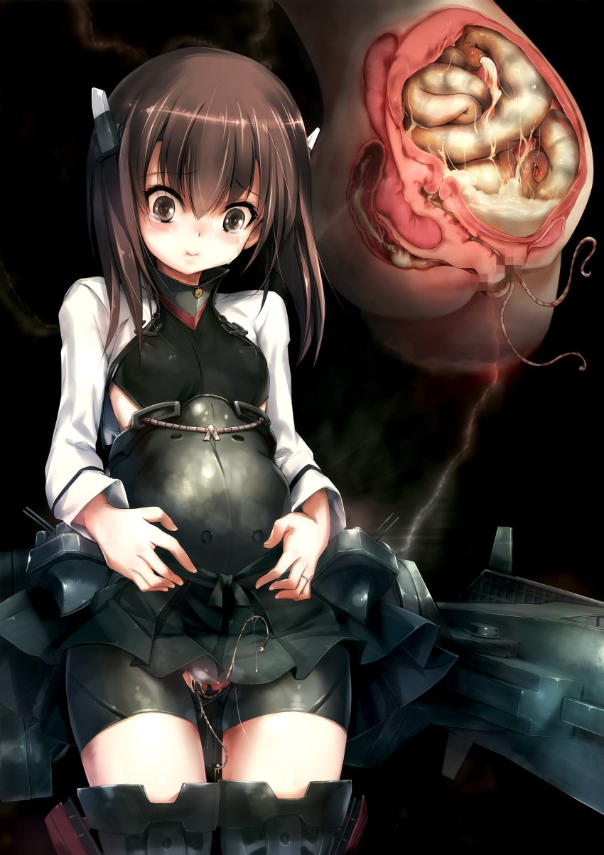 1girls anal bike_shorts black_legwear black_shorts black_skirt blush body_invasion brown_eyes brown_hair censored cervical_penetration clothing creature_inside cum cum_in_ass cum_in_pussy cum_in_uterus cum_inside female flat_chest headband headgear highres hitomaru inflation kantai_collection legs_together mosaic_censoring panties penetration pleated_skirt pregnant puffy_cheeks rape rectum short_hair shorts skirt solo standing taihou_(kantai_collection) tears tentacle tentacle_under_panties tentacles_under_clothes thighhighs unbirthing uterus vaginal_penetration vore white_tentacles wide_eyed x-ray young