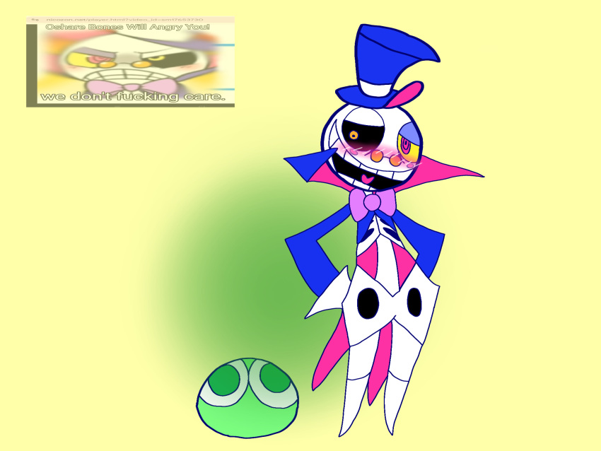 2021 blush blush_lines clothing devicho fart glasses green_puyo hat heart highres ibispaintx kawaii3chan kawaii3chan_(artist) long_sleeves open_mouth oshare_bones puyo_(puyopuyo) puyo_puyo puyo_puyo_fever reupload sega simple_background skeleton top_hat what yellow_background