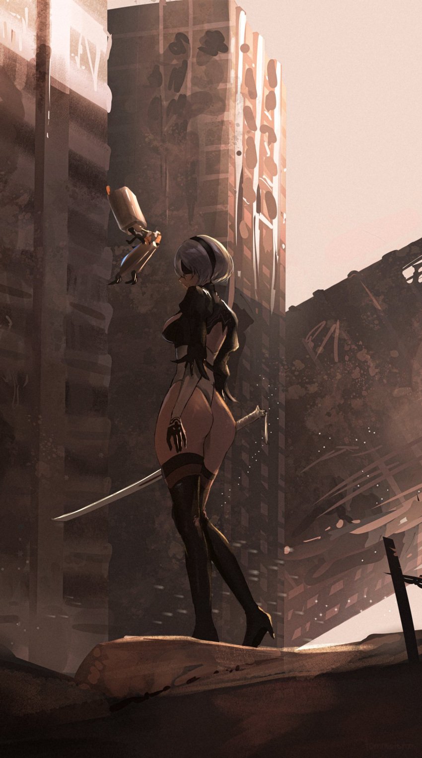 2b_(nier:automata) ass back_cutout black_blindfold black_footwear black_gloves blindfold boots breasts clothing_cutout covered_eyes dusk facing_ahead feather-trimmed_sleeves female from_side full_body gloves grey_hair high_heel_boots high_heels highleg highleg_leotard holding holding_sword holding_weapon juliet_sleeves katana large_breasts leotard light_particles long_sleeves mole mole_under_mouth nier:automata nier_(series) outdoors pod_(nier:automata) puffy_sleeves ruins short_hair sword thigh_boots thighhighs tommietomm tommy_(kingdukeee) weapon white_leotard