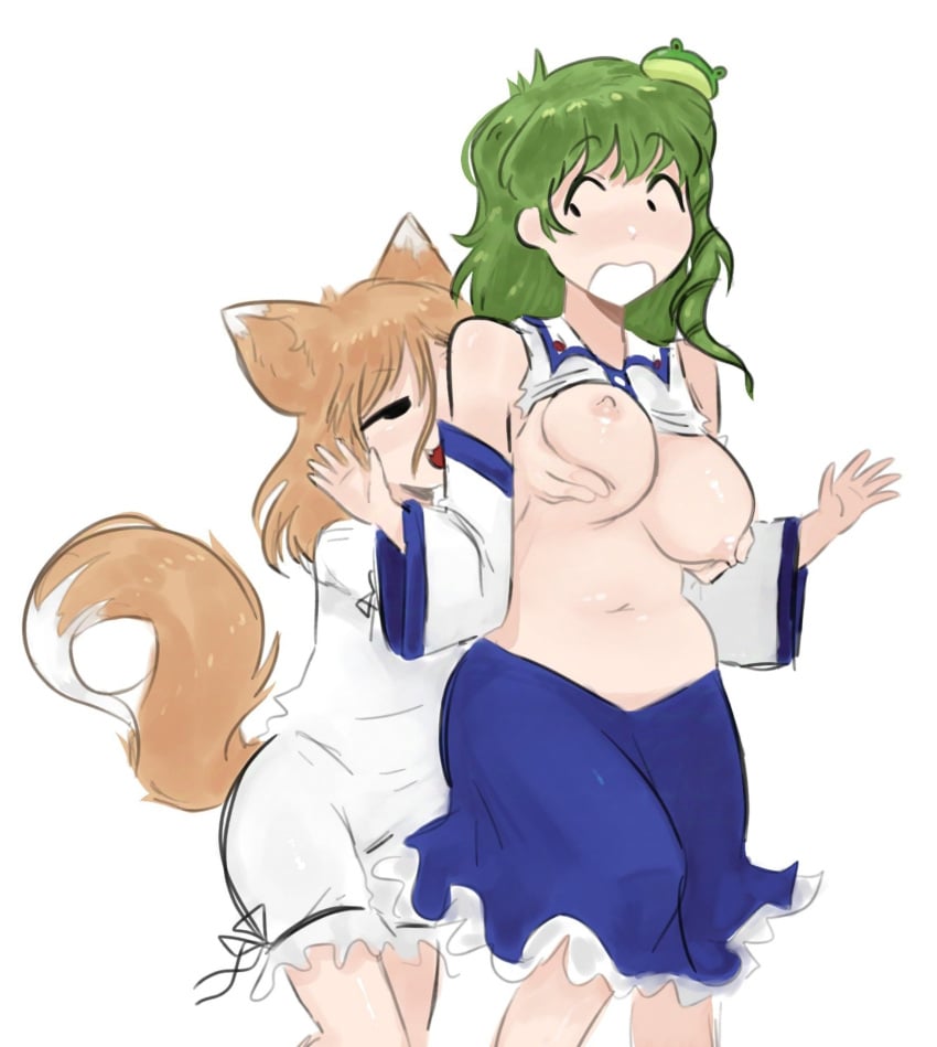 aki_fideo big_breasts clothed female female/female female_focus female_only fox fox_ears fox_girl fox_tail frog from_behind from_behind_position green_hair groping groping_breasts hi_res highres kudamaki_tsukasa sanae_kochiya smug smug_face surprise surprised touhou yuri