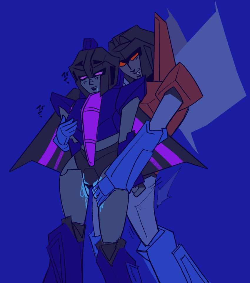 blue_background bodily_fluids breasts duo female fingering genital_fluids grabbing hand_on_breast hand_on_leg hand_on_thigh hasbro hi_res humanoid leg_grab machine male purple_eyes red_eyes robot robot_humanoid simple_background smile smirk smirking_at_partner starscream takara_tomy transformers vaginal_fluids vaginal_fluids_between_thighs vaginal_fluids_on_leg wings xarology