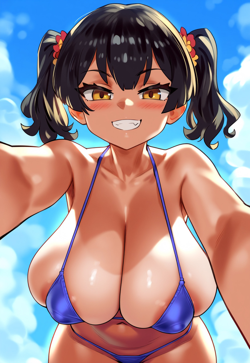 ai_generated areola_slip areolae bent_over big_breasts bikini black_hair blush brown_eyes covered_nipples female female_focus grin huge_breasts jagat_ai kanna_sasaki_(kaedeko) large_breasts micro_bikini nipple_bulge pov solo tan_body tan_skin tanned tanned_female twintails