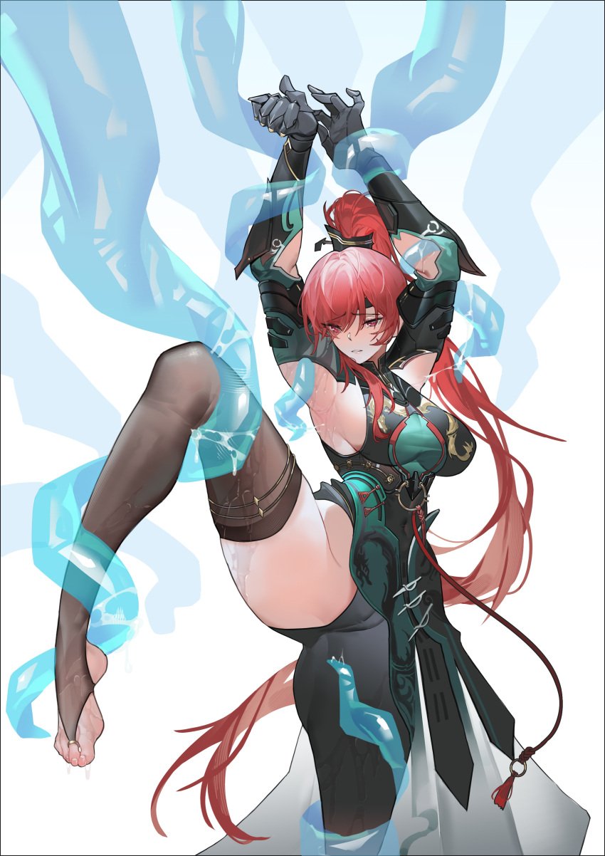 1girls armpits arms_up blush bondage breasts cameltoe feet female legs_up medium_breasts ponytail punishing:_gray_raven red_eyes red_hair robot_girl solo tentacle tentacle_rape toes water_tentacle