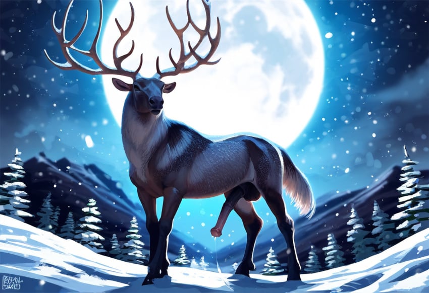 ai_generated anatomically_correct_genitalia antlers cookie-girl elk equine_penis feral feral_only forest_background hooves moon mountain_range night_sky