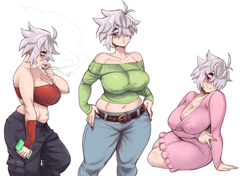 1girl 1girls aunt aunt_hellen_(insouwu) belly belly_button belt big_breasts blush blushing boobs boobs_out bra breasts cigarette cigarette_in_mouth dyed-hair dyed_hair ear_piercing ear_piercings earring earrings eyebags female female_only flustered gloves gym_clothes gym_uniform hag hat holding holding_cigarette holding_object holding_phone insouwu jeans massive_breasts milf mole mole_on_breast nail_polish nipples nipples_visible_through_clothing no_bra oc original_character peace_sign piercing piercings pijama red_eyes sleepwear smile sweater text text_bubble thick_lips tomboy tomboy_milf white_body white_hair white_skin