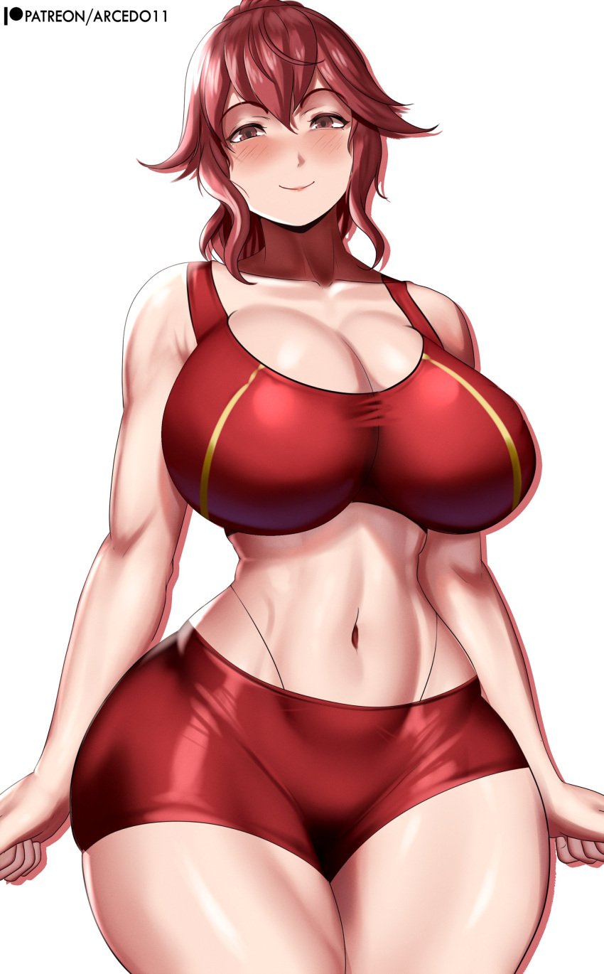 1girls anna_(fire_emblem) arcedo artist_name big_breasts breasts busty cleavage clenched_hands covered_erect_nipples curvy female female_only fire_emblem highres large_breasts looking_at_viewer medium_hair midriff navel nintendo ponytail red_eyes red_hair seductive seductive_look seductive_smile sensual shorts smile solo sports_bra sportswear thong toned voluptuous whale_tail_(clothing) wide_hips