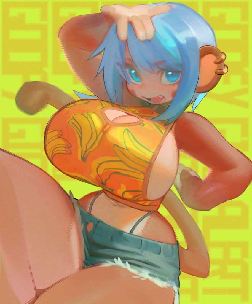 blue_eyes breasts_bigger_than_head ear_piercing earrings female furry hourglass_figure humanoid large_breasts luna_(geistbox) monkey monkey_girl short_hair solo_female suggestive thong_straps tight_clothing tomboy wamudraws