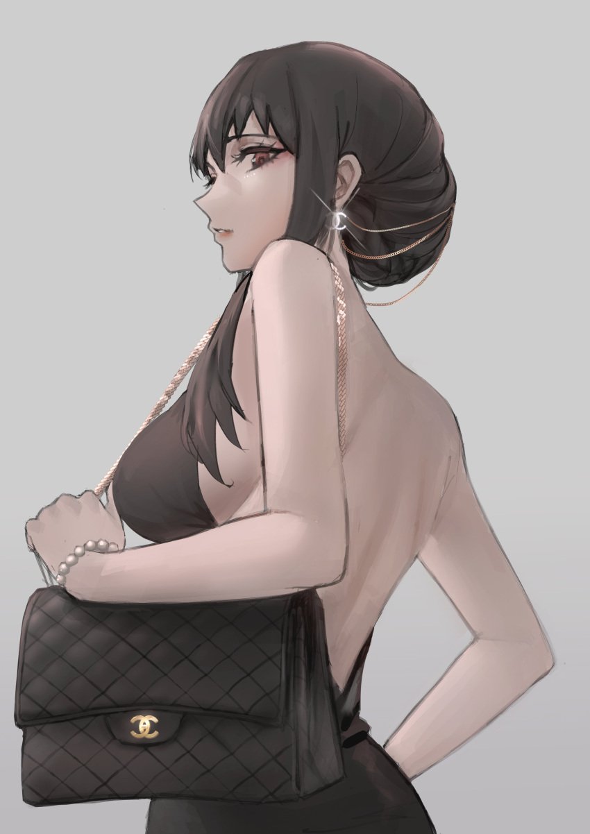 backless_dress backless_outfit bag bare_back bare_shoulders black_dress black_hair breasts chanel dress earrings female grey_background handbag jewelry large_breasts long_hair looking_at_viewer parted_lips simple_background solo spy_x_family tommietomm tommy_(kingdukeee) upper_body yor_briar