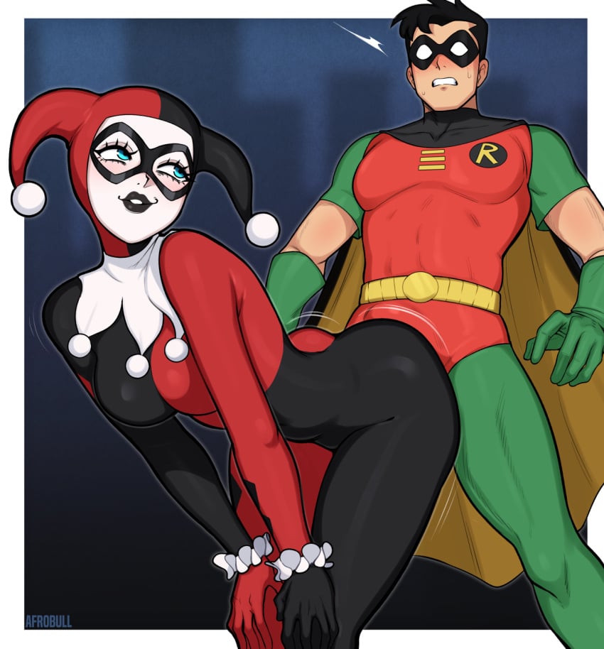 1boy 1girls afrobull ass bulge clothed clothed_female clothed_male dc dc_comics dick_grayson erect_penis erection erection_under_clothes female grinding grinding_on_penis grinding_through_clothes harley_quinn looking_back_at_partner male mask penis robin_(dc) robin_(dick_grayson) seductive seductive_look seductive_smile tagme