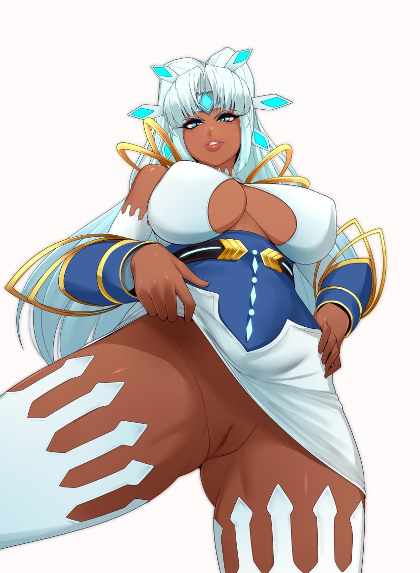 1girls aqua_hair big_breasts blue_eyes blue_hair censored_pussy clothes_lift dark-skinned_female dark_skin female female_only hi_res long_hair looking_at_viewer nintendo nofuture perun_(xenoblade) pussy smiling smiling_at_viewer solo thick_thighs viewed_from_below white_background xenoblade_(series) xenoblade_chronicles_(series) xenoblade_chronicles_2