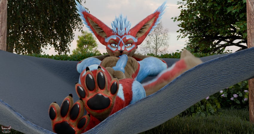 3d_(artwork) absurd_res animal_genitalia animal_penis anthro balls blue_body blue_eyes blue_fur blue_penis brown_body brown_fur brown_sheath canine_genitalia canine_penis claws digital_media_(artwork) erection feet foot_fetish foot_focus fur galax_vr genitals hair hi_res isaacjexo jex looking_at_viewer lying male multicolored_body multicolored_fur multicolored_hair muscular muscular_male on_back pawpads paws penile penis red_body red_fur rexouium sheath solo tail toe_claws toes