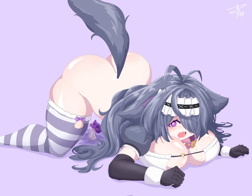 all_fours animal_collar animal_ears antenna_hair ass black_gloves black_hairband bow breasts cat_ears cat_girl cat_tail collar conellidraws elbow_gloves female frilled_hairband frills gloves grey_thighhighs hair_over_one_eye hair_ribbon hairband highres indie_virtual_youtuber large_breasts long_hair menace_mamaki mole mole_on_breast open_mouth purple_background purple_bow purple_collar purple_eyes purple_ribbon pussy_juice ribbon signature solo striped_clothes striped_thighhighs tail thighhighs virtual_youtuber white_wrist_cuffs wrist_cuffs