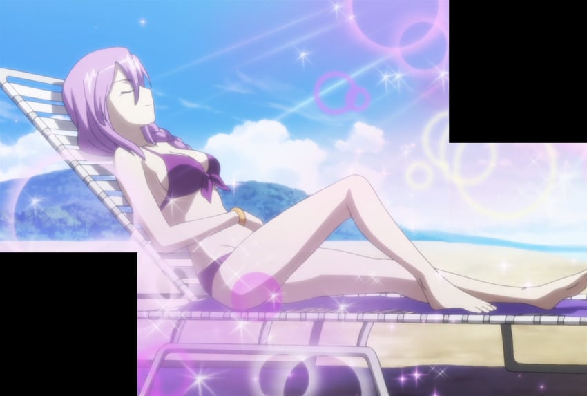 1girls barefoot beach big_breasts bikini braid braided_ponytail breasts busty carnival_phantasm cleavage feet female female_only front-tie_bikini_top front-tie_top highres large_breasts legs long_hair looking_at_viewer lying melty_blood ocean pose posing purple_bikini purple_eyes purple_hair sensual sideboob sion_eltnam_atlasia smile solo stitched sunbathing swimsuit thighs third-party_edit tsukihime voluptuous water