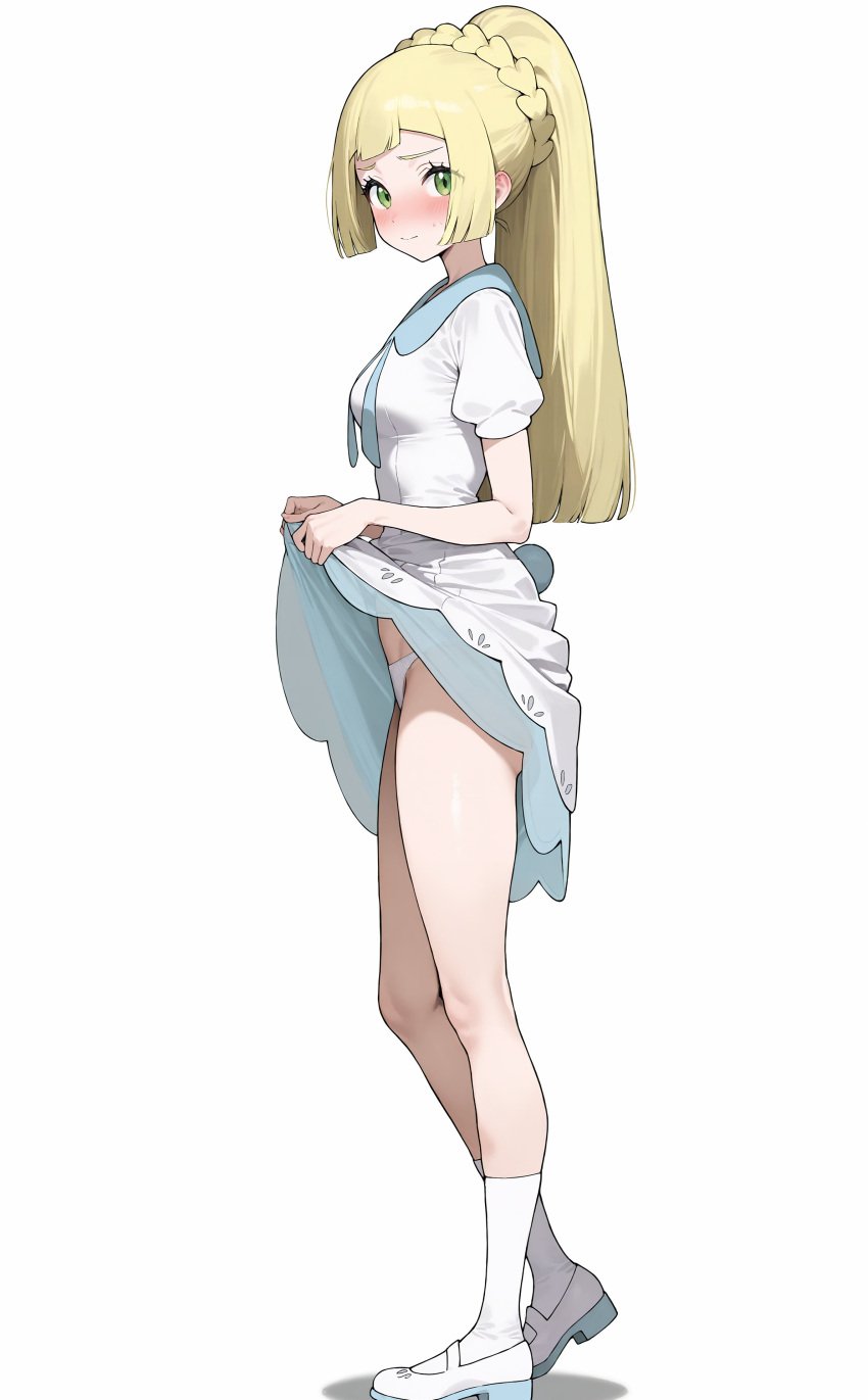 1girls ai_generated blonde_female blonde_hair blush embarrassed holding_dress lillie_(pokemon) pokemon ponytail shy solo_female underwear white_skin