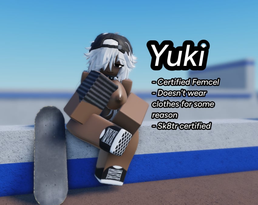 1girl 3d backwards_baseball_cap barely_clothed character_sheet dark-skinned_female exhibitionism eye_bags long_hair nudist nyxwastaken original_character posing posing_for_the_viewer public_nudity roblox self_upload skateboard skater skater_girl solo tagme text white_hair yuki_(nyxwastaken)