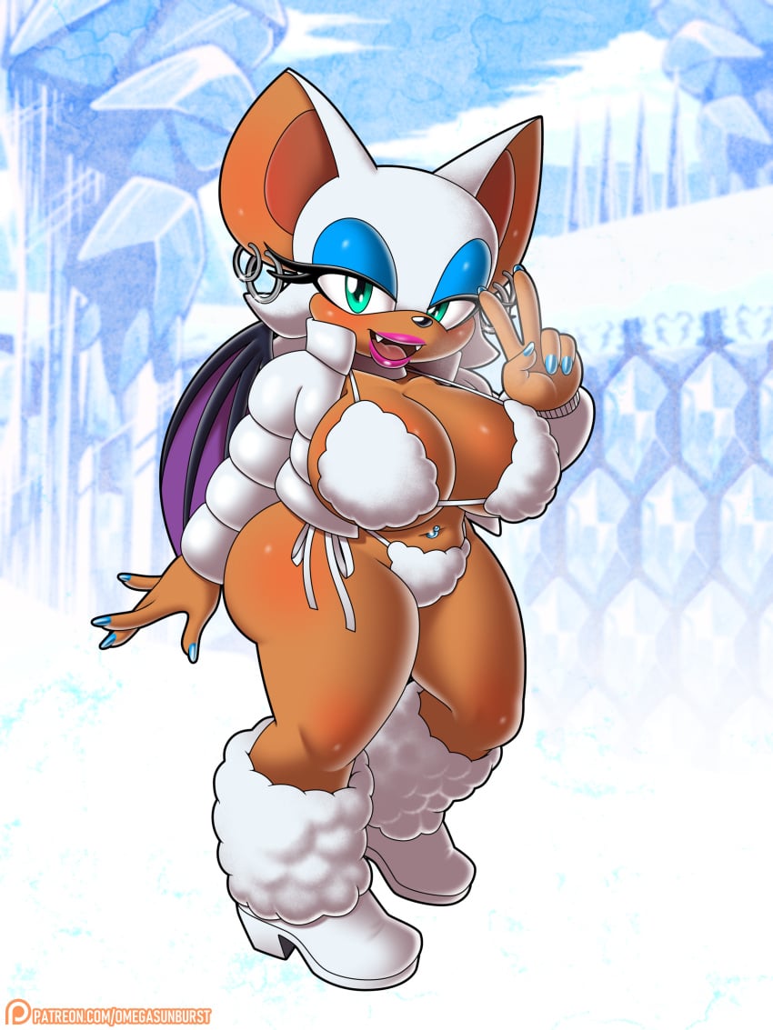 1girls anthro belly_button_piercing bikini bikini_bottom bikini_top blue_eyeshadow boots earrings eyelashes fangs female female_only fur_boots furkini green_eyes jacket omegasunburst patreon patreon_logo patreon_username rouge_the_bat shortstack solo sonic_(series) voluptuous voluptuous_female white_fur