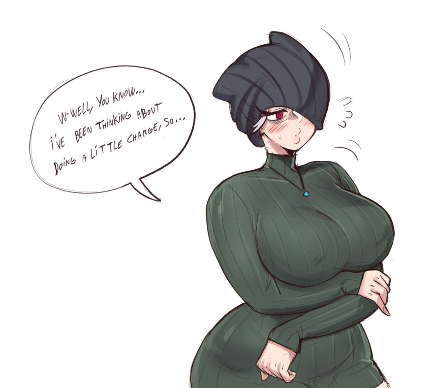 1girl 1girls arms_crossed arms_crossed_under_breasts aunt aunt_hellen_(insouwu) big_breasts blush blushing boobs boobs_out breasts dyed-hair dyed_hair eyebags female female_only flustered hag hat insouwu massive_breasts milf nipples nipples_visible_through_clothing no_bra oc original_character red_eyes sweater text text_bubble thick_lips tomboy tomboy_milf white_hair