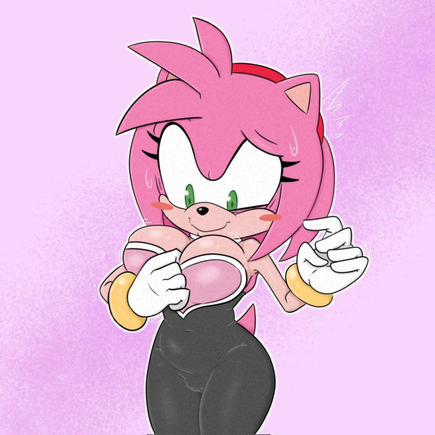 1girls amy_rose amy_the_bat big_breasts bodysuit breasts cameltoe cleavage female female_focus female_only green_eyes mindgasmyt rouge_the_bat_(cosplay) sega smile sonic_(series) sweat tight_clothing