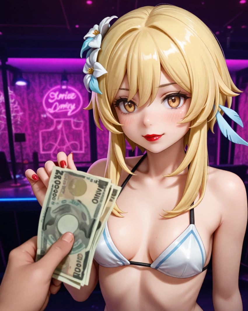 1girls ai ai_generated female genshin_impact lumine_(genshin_impact) money nightclub prostitute prostitution red_lipstick selling