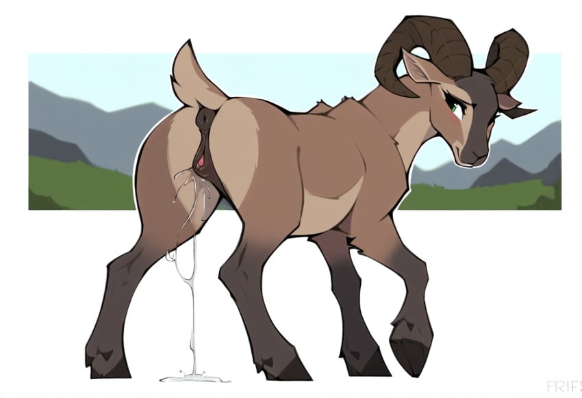 ai_generated anatomically_correct_pussy bighorn_sheep cookie-girl feral feral_only from_behind_position hooves horns presenting_anus presenting_hindquarters presenting_pussy pussy_juice pussy_juice_drip quadruped