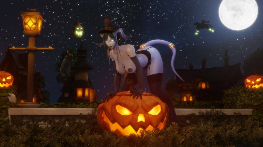 1girls 3d big_breasts black_hair blizzard_entertainment blue_skin draenei female female_only halloween horns jack-o&#039;-lantern morilymory nude original_character pinup sironis solo stockings tail thick_thighs voluptuous voluptuous_female warcraft wide_hips witch_hat world_of_warcraft