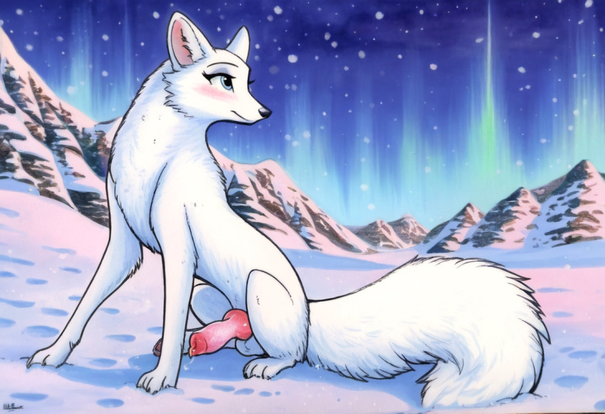 ai_generated anatomically_correct_genitalia arctic_fox canine_penis cookie-girl feral feral_only looking_into_the_distance northern_lights snow