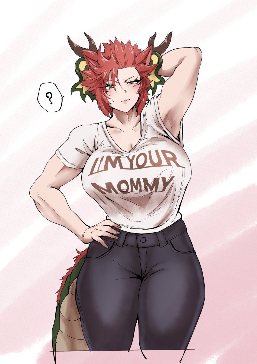 1girls 2d armpits color comic_hand confused dragon_girl duel_monster female_only hand_behind_head hand_on_hip horns jeans large_breasts looking_at_viewer mommy red_hair t-shirt tail thick_thighs yu-gi-oh! zoodiac_drident