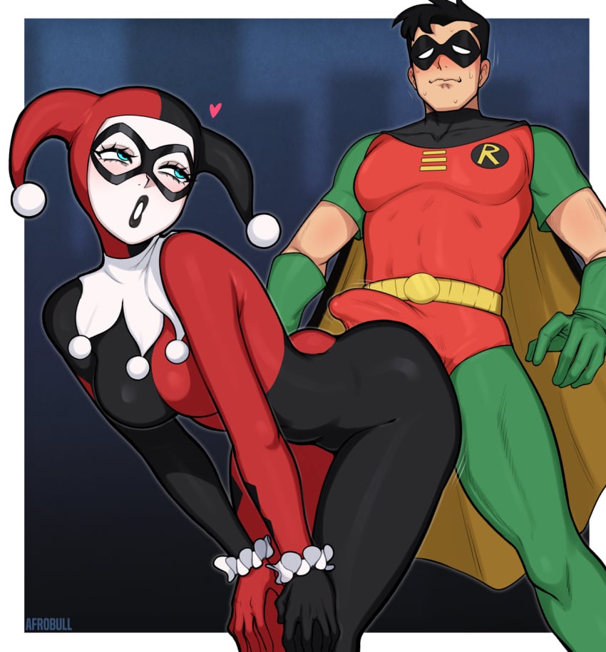 1boy 1girls afrobull ass bulge clothed_female clothed_male dc dc_comics dick_grayson erect_penis erection erection_under_clothes female grinding grinding_on_penis grinding_through_clothes harley_quinn heart looking_back_at_partner male mask penis robin_(dc) robin_(dick_grayson) tagme